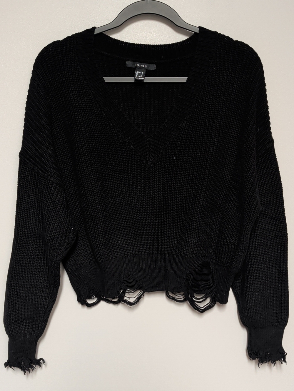 Forever 21 Black Distressed V-Neck Sweater Top